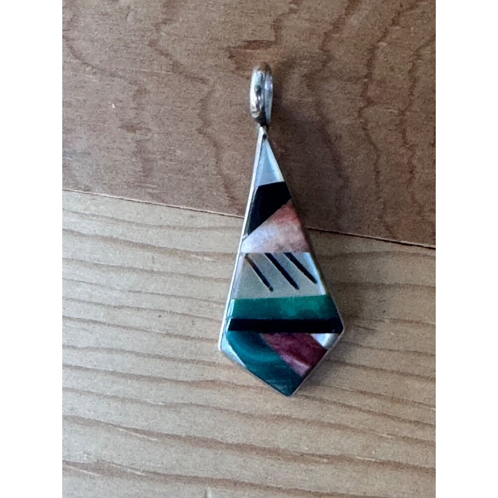 Sterling Silver Mosaic Pendant With Abstract Geometric Design Multi-Color Inlay